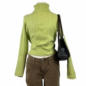 Y2K Lime Green Rabbit Hair Wool Cable Knit Turtleneck Sweater Womens S